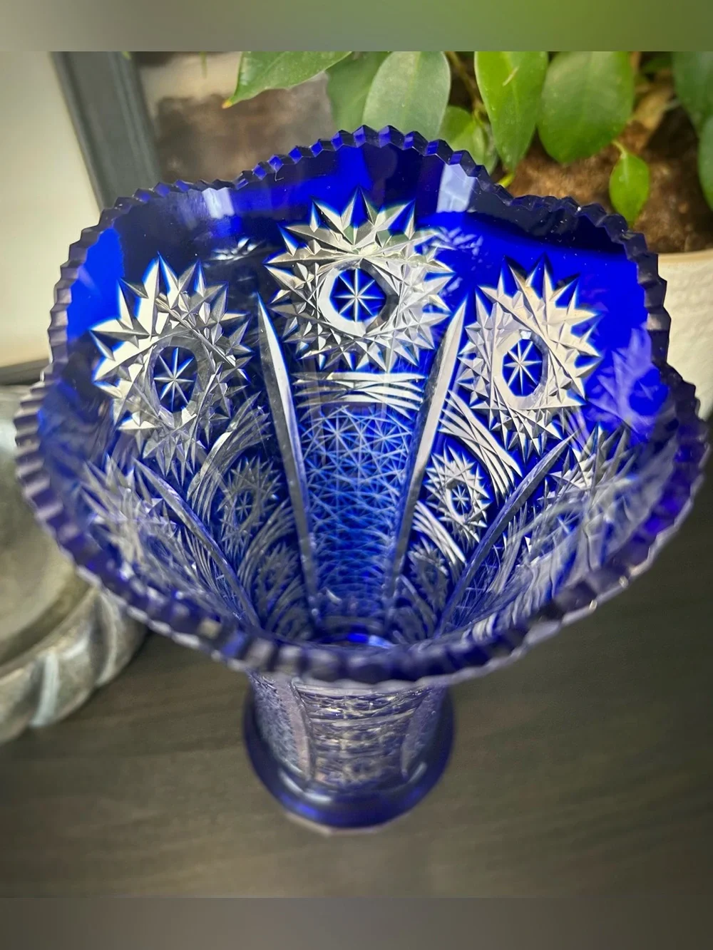 Bohemian Cobalt Blue Cut Crystal Trumpet Vase | Hand-Cut Czech Glass Mid-Century